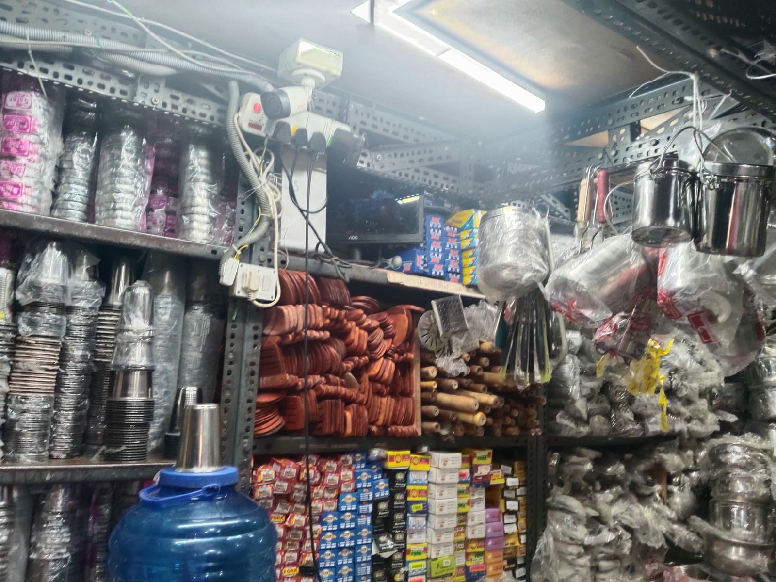 Dense steel utensils stock aisle at Sri Ashok marketing wholesale shop in Kumbarpet